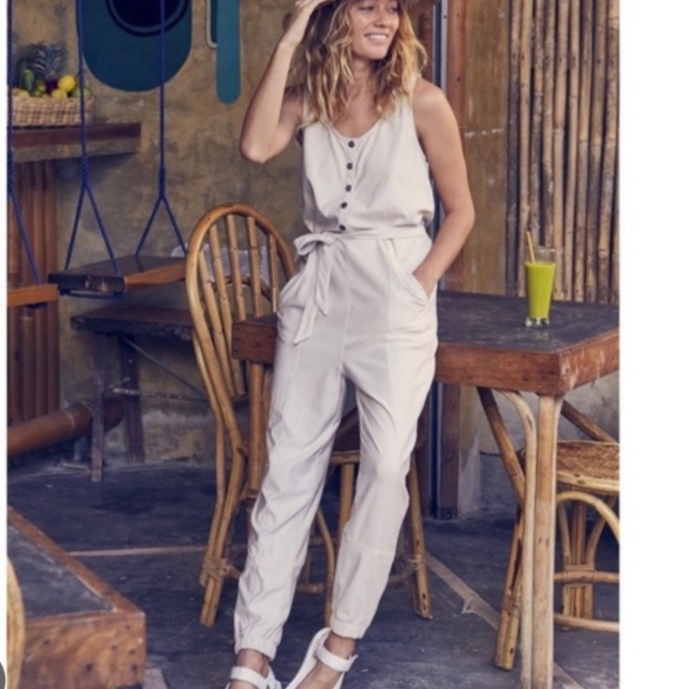 Athleta Light Beige Sleeveless Jumpsuit with Tie Waist